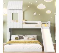 Hmdpoo Cama Litera con Tobogán para Niños, Diseño Casa con Techo y Ventana, Madera de Pino y MDF, Blanco, 90x200cm y 140x200cm, con Escalera de 3 Peldaños y Barandilla Protectora