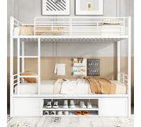 Hmdpoo Cama Litera de Metal Blanca con Escalera Lateral, Zapatero Abierto y Armarios de Almacenamiento, Barandilla de Seguridad, 90x200cm, para Niños y Adolescentes