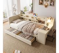 Hmdpoo Cama Nido 90x200cm con 2 Cajones, Escritorio, Compartimento Abatible, Lino Beige, 238x101.5x79cm