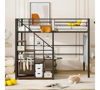 Hmdpoo Hochbett Metálico con Escalera y Estantería, Cama Alta Juvenil 140x200 cm, con Barandilla de Seguridad y Espacio de Almacenamiento, Blanco Negro, sin Colchón (Negro, 140 x 200 cm)