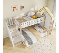 Hmdpoo Litera 90x200cm+140x200cm, Madera de Pino, Blanco y Natural, con Barandilla, Escalera con Almacenamiento, 2 Cajones, 288x155x195cm