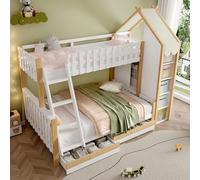 Hmdpoo Litera 90x200cm+140x200cm, Pino, Blanco y Natural, con Barandilla, Escalera, 2 Cajones, Diseño Casa, 239x155x195cm