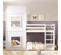 Hmdpoo Litera Infantil 90x200cm, Madera de Pino Maciza, con Escalera y Baldaquín, Diseño de Casa del Árbol, Color Blanco, para Niños y Niñas