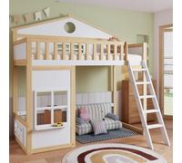 Hmdpoo Litera Infantil con Escalera, Techo y Ventanas, Madera de Pino y MDF, Blanco y Natural, 90x200 cm, Protección Anticaídas