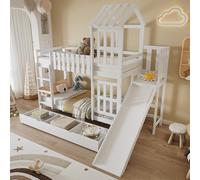 Hmdpoo Litera Infantil con Tobogán, Cajón Grande con Ruedas, Techo y Ventanas, Madera de Pino + MDF, Blanco, 90x200cm
