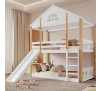 Hmdpoo Litera Infantil con Ventanas, Tobogán y Escalera, Madera Maciza y MDF, Blanco y Natural, 90x200cm, con Vallas y Protección
