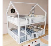 Hmdpoo Litera Infantil de Metal, 140x200 cm, Diseño de Casa, con Escalera Frontal, Puerta Abatible, Barandillas de Seguridad, Blanco