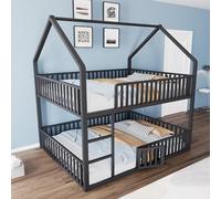 Hmdpoo Litera Infantil de Metal, 140x200 cm, Diseño de Casa, con Escalera Frontal, Puerta Abatible, Barandillas de Seguridad, Color Negro
