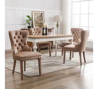 Hmdpoo Silla de Comedor Tapizada con Terciopelo Marrón Claro, Patas de Madera Maciza, Diseño de Aldaba en Respaldo, Tachuelas Decorativas, 53x46.5x95cm, Set de 4