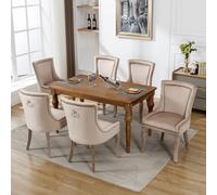 Hmdpoo Silla de Comedor Tapizada en Terciopelo Beige, Set de 6, con Tachuelas Decorativas y Patas de Madera Maciza, 55x61x91 cm