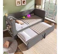 Hmdpoo Sofá Cama Individual con Cama Nido 90x200 cm, Gris, Mezcla de Algodón y Lino, con Puertos, 217x98x74 cm