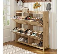 Hmdpoo Zapatero de Madera con Puertas de Ratán, 4 Puertas, Estructura de Metal, 108.5x24x100 cm, Multifuncional