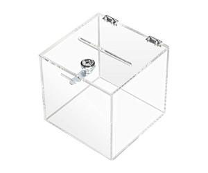 HMF 46919 Caja de donación de acrílico con cerradura | 15 x 15 x 15 cm | DIN A6 | Transparente