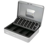 HMF Caja de caudales con cerradura, caja con clasificador de monedas en euros, 4 compartimentos para billetes | 30,5 x 24 x 9 cm | Plateado