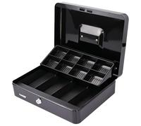 HMF Caja de caudales con Ilave, caja con 8 compartimentos para monedas, 4 bandejas para billetes, 30 x 24 x 9 cm | negro