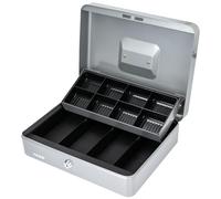 HMF Caja de caudales con Ilave, caja con 8 compartimentos para monedas, 4 bandejas para billetes, 30 x 24 x 9 cm | plata