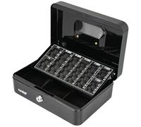 HMF Caja de caudales con Ilave, caja con bandeja para contar monedas en euros, 3 compartimentos para billetes | 25 x 18 x 9 cm | negro