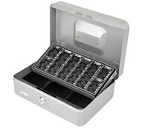 HMF Caja de caudales con Ilave, caja con bandeja para contar monedas en euros, 3 compartimentos para billetes | 25 x 18 x 9 cm | plata