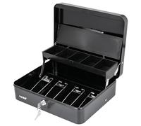 HMF Caja de caudales con Ilave, caja con bandeja para monedas y 4 compartimentos para billetes con pinza | 30 x 24 x 9 cm | negro