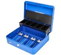 HMF Caja de caudales con Ilave, caja con bandeja para monedas y 4 compartimentos para billetes con pinza | 30 x 24 x 9 cm | azul