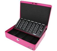 HMF Caja de caudales con llave, caja con bandeja para contar monedas en euros, 4 compartimentos para billetes, espuma en la tapa, modelo 10015-15, 30 x 24 x 9 cm, rosa