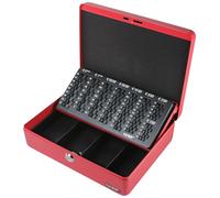 HMF Caja de caudales con llave, caja con bandeja para contar monedas en euros, 4 compartimentos para billetes, espuma en la tapa, modelo 10015-03, 30 x 24 x 9 cm, rojo