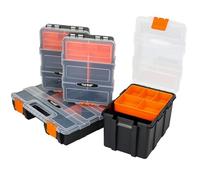 HMF Caja organizadora vacía de 4 piezas, caja organizadora para herramientas y piezas pequeñas, 49 compartimentos, tapa transparente, color negro y naranja