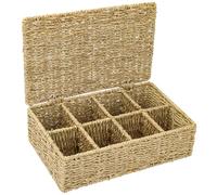 HMF Caja para Té de Algas Marina con 8 Compartimentos para Guardar Bolsitas de Té, Cesta de Almacenaje como Organizador para Cocina, Baño, Zona de Estar | 33 x 21 x 10 cm | Natural