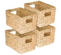 HMF Cesta de almacenaje trenzada organizadora de jacinto de agua, cesta decorativa con asas para baño, cocina, salón y estantería | Juego de 4 | Tamaño M | 32 x 23 x 20 cm | Natural