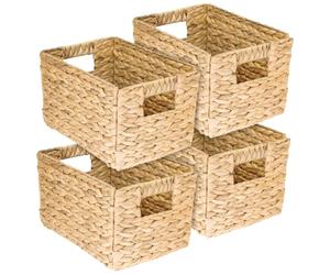HMF Cesta de almacenaje trenzada organizadora de jacinto de agua, cesta decorativa con asas para baño, cocina, salón y estantería | Juego de 4 | Tamaño M | 32 x 23 x 20 cm | Natural