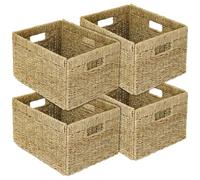 HMF Cesta de almacenamiento compatible con estantería Billy, Cesta trenzada de hierba marina con tres asas | juego de 4 | 35 x 25 x 20 cm | Natural