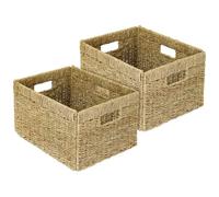 HMF Cesta de almacenamiento compatible con estantería Billy, Cesta trenzada de hierba marina con tres asas | juego de 2 | 35 x 25 x 20 cm | Natural