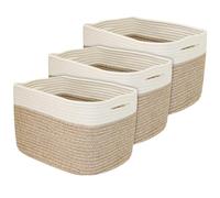 HMF Juego de 3 cestas de almacenamiento con asas ocultas, cesta de algodón, 37,5 x 25 x 22,5 cm, color blanco y marrón