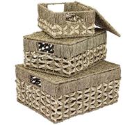 HMF Juego de 3 cestas de almacenamiento con tapa, cesta trenzada de algas marinas y hojas de palma, pequeño, mediano y grande
