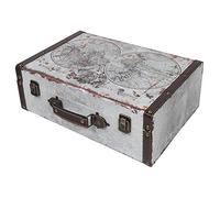 HMF Maleta decorativa vintage de madera con tapa y asa de cuero, caja de almacenamiento estilo retro, idea de regalo para boda o cumpleaños | Mapa del mundo | 38 x 26 x 13 cm
