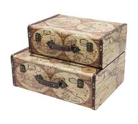HMF Maletas decorativas vintage de madera con tapa y asa de cuero, cajas de almacenamiento elegantes e idea de regalo para boda o cumpleaños | Mapa del mundo en color | Set de 2, 38 + 44 cm