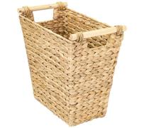 HMF Papelera de escritorio decorativa para oficina y hogar, cesta de almacenamiento trenzada de jacinto de agua con asas de madera | trapezoidal | 36 x 19 x 33 cm