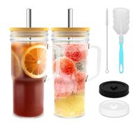 HMJIA 24oz Vasos con Tapa y Pajita Mason Jar con Asa Pajitas Reutilizables Acero Inoxidable con Cepillos Vasos de Cristal Agua para Café Helado Vasos para Smoothie Boba Tea (2, 700ml)