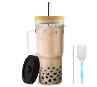 HMJIA 24oz Vasos con Tapa y Pajita Mason Jar con Asa Pajitas Reutilizables Acero Inoxidable con Cepillos Vasos de Cristal Agua para Café Helado Vasos para Smoothie Boba Tea (1, 700ml)