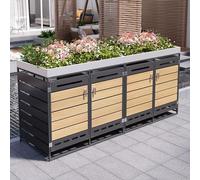 Hmluxury Contenedor de basura con jardinera, armario de almacenamiento de jardín de hierro con 4 compartimentos de almacenamiento, aspecto de madera horizontal, ventilación, cerradura