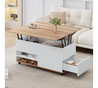 Hmluxury Mesa de centro ajustable en altura con placa elevadora hidráulica, cajones y ruedas, 100 x 98 x 65 cm, color blanco/madera natural, mesa de comedor multifuncional y mesa de salón con espacio