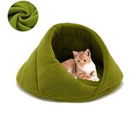 Hmpet Cama Acogedora De La Cueva del Gato Saco De Dormir De Felpa Suave Y Cálida Cueva Y Cojines para Mascotas Medio Cubierto Canasta De Cama para Perros Calentador Térmico Lavable,Verde,M