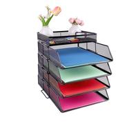 HMXLJJY - Bandejas apilables de malla de 4 niveles con soporte de papelería superior, bandeja de cartas para oficina, escuela y hogar, color negro