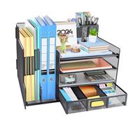 HMXLJJY Organizador de escritorio con soporte de malla para archivos, suministros de oficina de 4 niveles, organizadores de escritorio y accesorios con cajones deslizantes y soporte para bolígrafos,