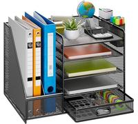 HMXLJJY Organizador de escritorio de malla con soporte vertical para archivos, bandeja de papel de 5 niveles con cajón y 2 soportes para bolígrafos, organizador de escritorio con revistero para