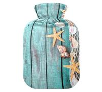 HMZXZ Botella de agua caliente con tapa, conchas del océano, estrella de mar, rústica, turquesa, azul, madera, 2 L, capacidad temática de PVC, bolsa de agua caliente para aliviar el dolor, pies,