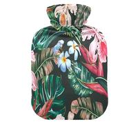 HMZXZ Botella de agua caliente con tapa, diseño de hojas de selva tropicales florales de 2 litros, bolsa de agua caliente con temática de PVC para aliviar el dolor, pies, calambres menstruales