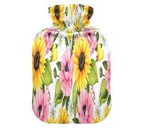 HMZXZ Botella de agua caliente con tapa, girasoles florales, amapolas, margaritas, hojas, 2 litros, capacidad temática de PVC, bolsa de agua caliente para aliviar el dolor, pies, calambres