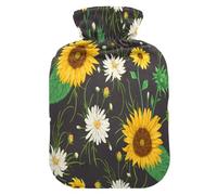 HMZXZ Botella de agua caliente con tapa, girasoles y flores de manzanilla blanca de 2 litros, bolsa de agua caliente con temática de PVC para aliviar el dolor, pies, calambres menstruales