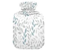 HMZXZ Botella de agua caliente con tapa, hojas grises y azules, ramas, hojas grises, flores botánicas de primavera, 2 litros, bolsa de agua caliente con temática de PVC para aliviar el dolor, pies,